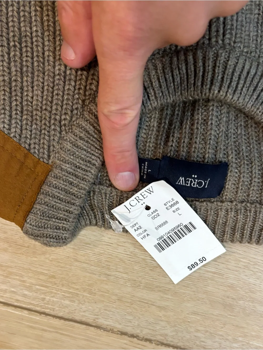 J.Crew Woodsman Sweater Leather Shoulder Patches Cotton Heather Fawn Large L NWT